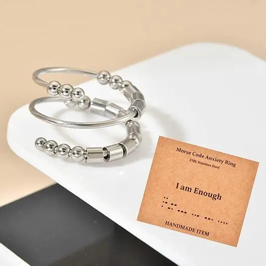 Fashion Adjustable Stainless Steel I Love You BFF I Am Enough Morse Code Fidget Anxiety Rings Jewelry for Women