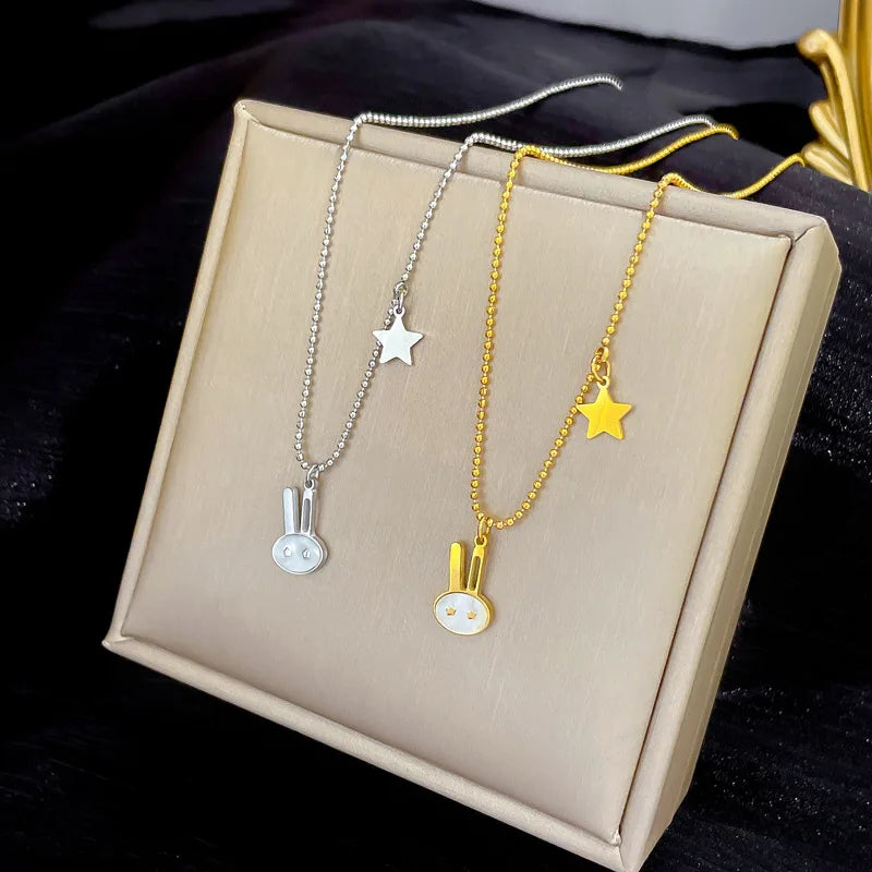 Trendy Simple Cute Cartoon Design Stainless Steel 18k Gold Plated Pearl Rabbit Charm Fine Jewelry Necklace for Women