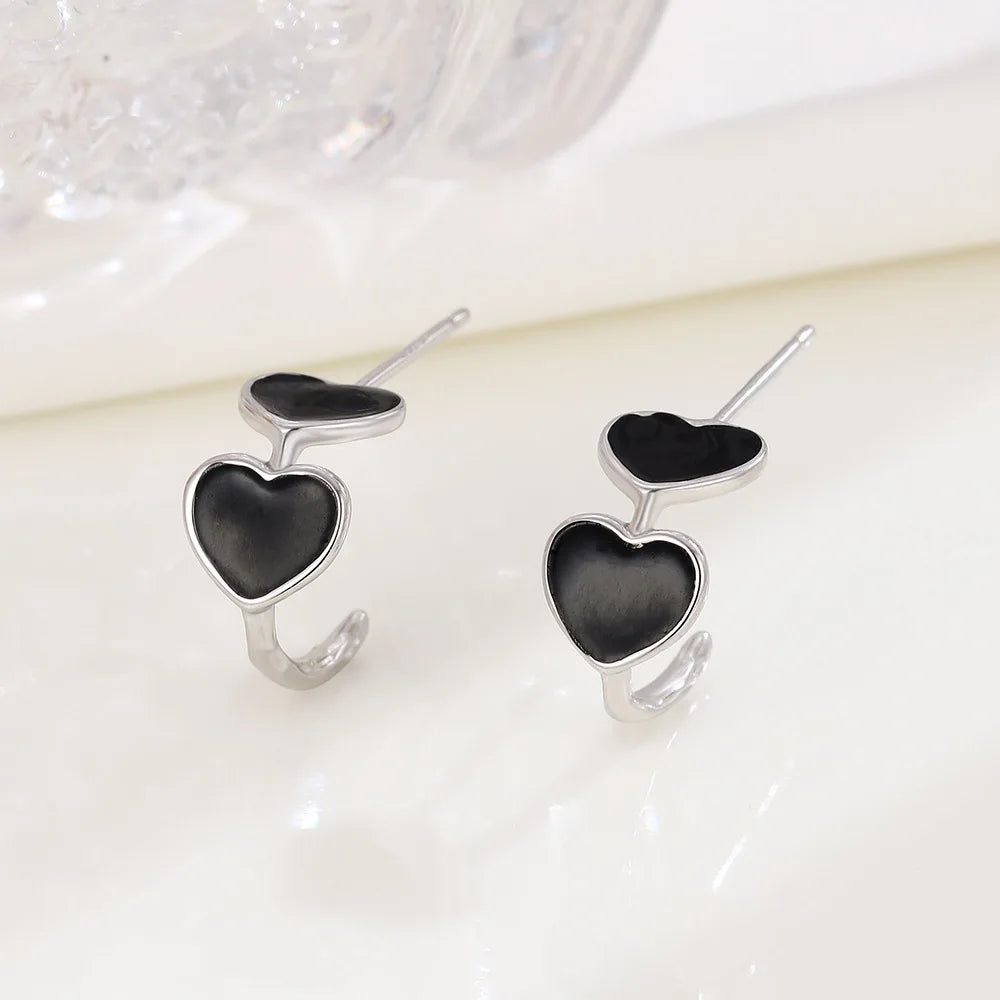 925 Sterling Silver Black Heart Simple Hypoallergenic Peach Heart Stud Earrings