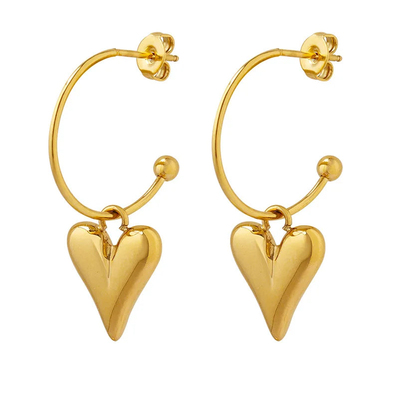 Elegant PVD Gold Plated Stainless Steel Tarnish Free Drop Earrings with Heart Charm Fashion Hoops