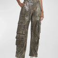 Wholesale Women Custom High Rise Five-pocket Distressed Leather Cargo Wide Legs Pants