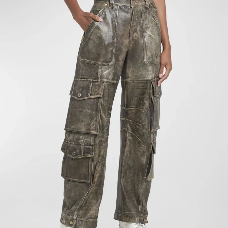 Wholesale Women Custom High Rise Five-pocket Distressed Leather Cargo Wide Legs Pants