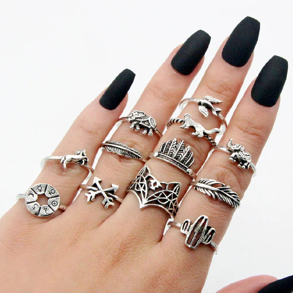 Fashion New Leaves Fox Elephant Cactus Swallow Disc Shaped Vintage Silver Ring Sets 12-piece Alloy Ring for Woman