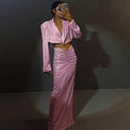 Fashion Two Pieces Long Skirt Set Shiny Long Sleeve Blazer Jacket High Waist Maxi Skirt 2 Piece Set Fall 2023 Women Clothes