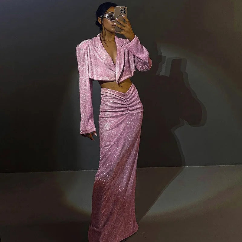 Fashion Two Pieces Long Skirt Set Shiny Long Sleeve Blazer Jacket High Waist Maxi Skirt 2 Piece Set Fall 2023 Women Clothes