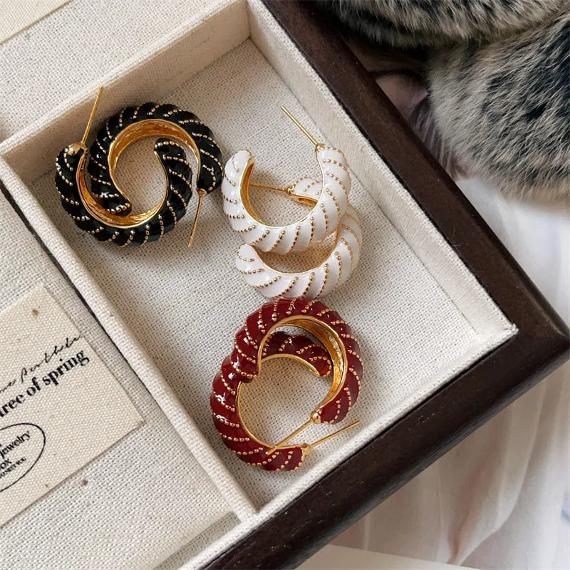 French Enamel Striped Drip Vegan Ring Brass Earring Female Niche Design C Ring Cold Style Earrings