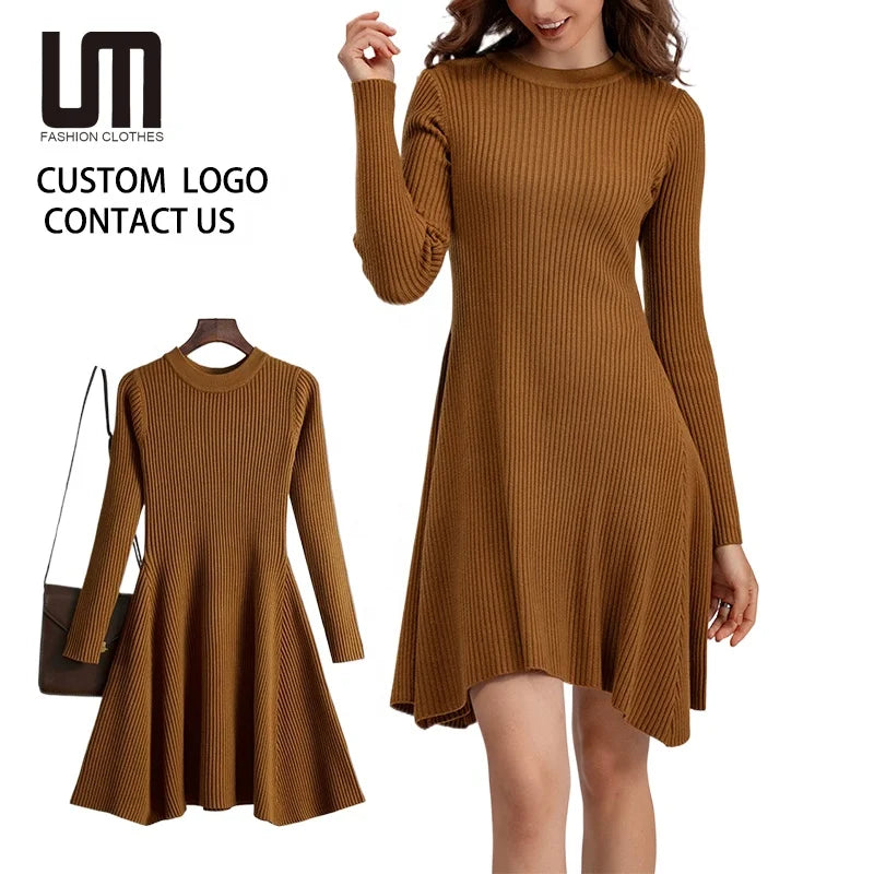 Liu Ming Clearance Sales Autumn Winter Women Elegant Chic Knit Thick Sweater Slim Mini Dress