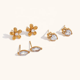 Dingran Elegant Ladies Jewelry Gold Plated Stainless Steel Zircon Flower Horse Eye Stud Earrings