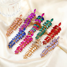 Fashion Chic Rhinestone Long Leaves Leaf Drop Dangle Earrings for Women Colorful Crystal Wedding Party Jewelry