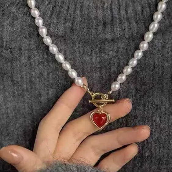 Ankela 42cm Long Love Heart OT Buckle Necklace 5-6mm Natural Freshwater Pearl Jewelry for Women