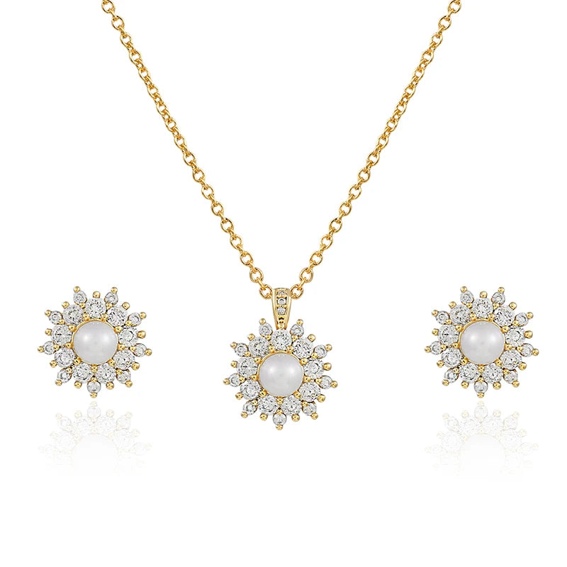 Weiman New Arrival Bridesmaid's Pearl Jewelry Set Exquisite Cubic Zirconia and Shell Flower Pendant Necklace with Stud Earring