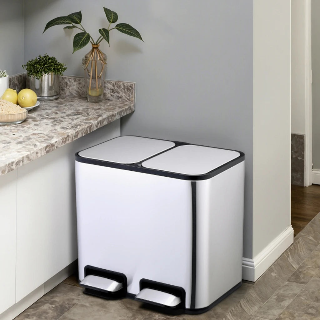 50L Stainless Steel Rectangular Double Trash Can Soft-Close Foot Pedal Household Standing Bin for Kitchen Dustbin Use