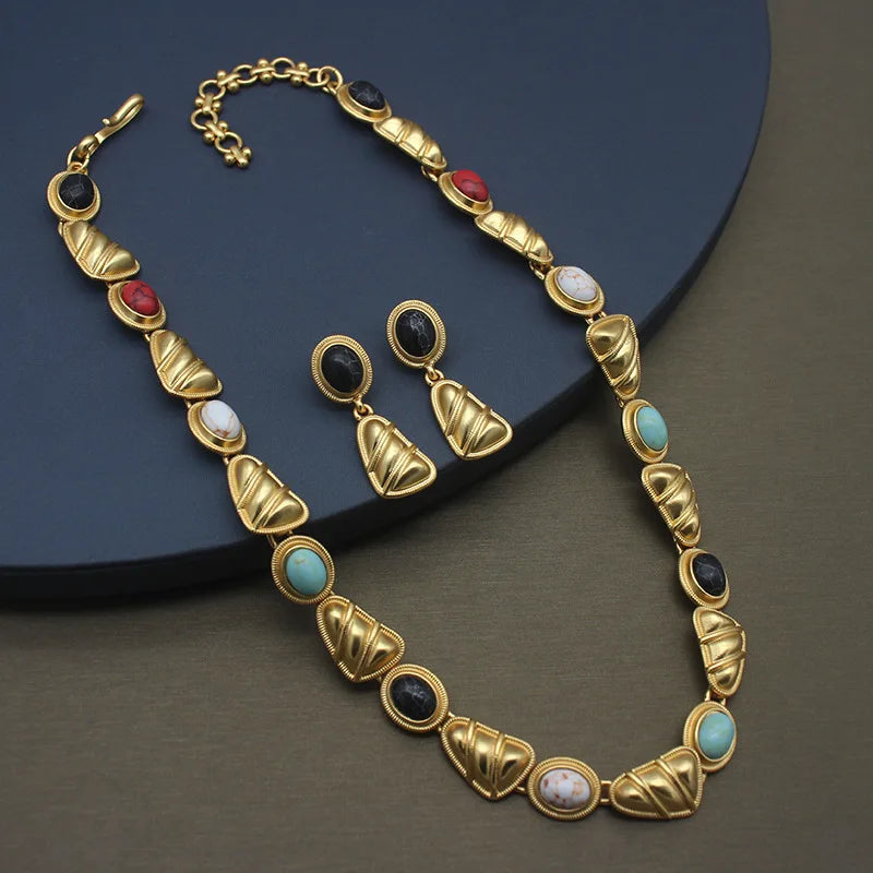 Vintage Collection Real Gold Distressed Geometric Earrings Necklace Set Link Chain with Gold Plating
