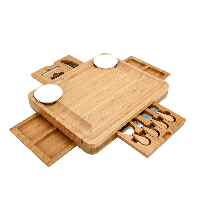 Wood Top Selling Eco Friendly and Oiled Finished Wooden Bamboo Cutting Cheese Board With Storage Drawer