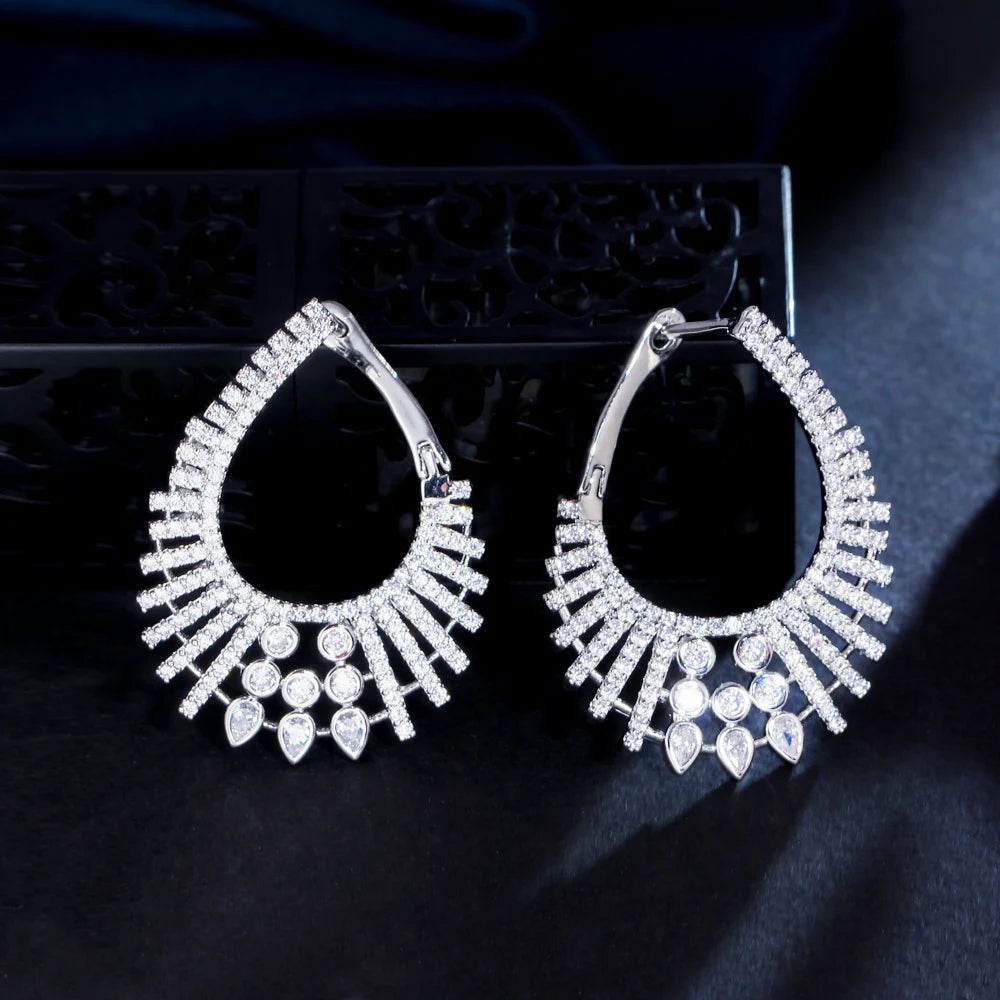 Sparkly Micro Pave Cubic Zircon Stone Silver Plated Women Big Dangle Drop Party Wedding Earrings with Safety Pin