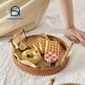 Modern Decorative Rattan Woven Rustic Round Serving Tray for Bread Breakfast Food Fruit with Handles