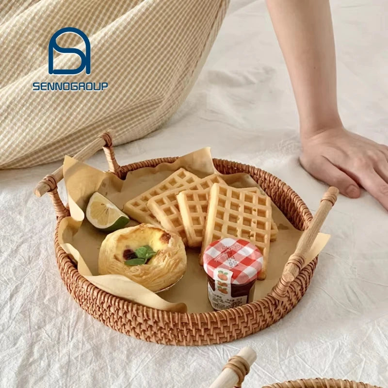 Modern Decorative Rattan Woven Rustic Round Serving Tray for Bread Breakfast Food Fruit with Handles