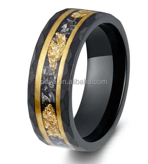 POYA Vintage  8mm Black Tungsten Ring Gold Leaf &Meteorite Shaving Inlay for Wedding and Party Gift