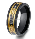 POYA Vintage  8mm Black Tungsten Ring Gold Leaf &Meteorite Shaving Inlay for Wedding and Party Gift