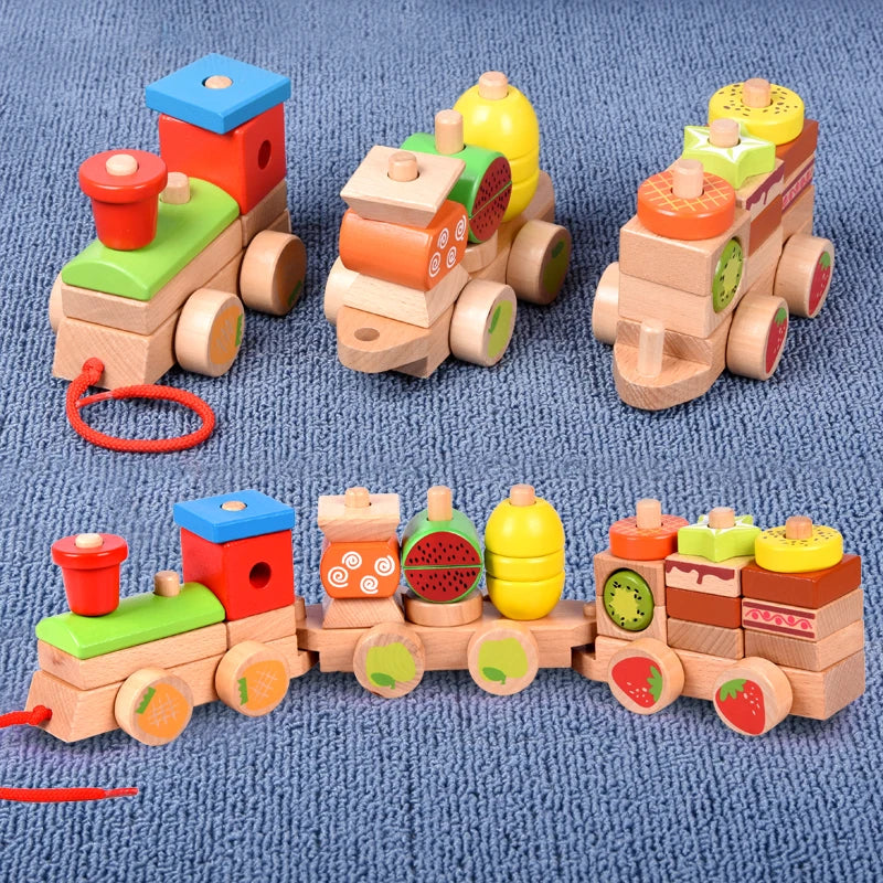 Montessori Fruit Train Set Shape Matching DIY Stacking Blocks Geometric Puzzle Tractor Educational Toys for Kids Boys Girls