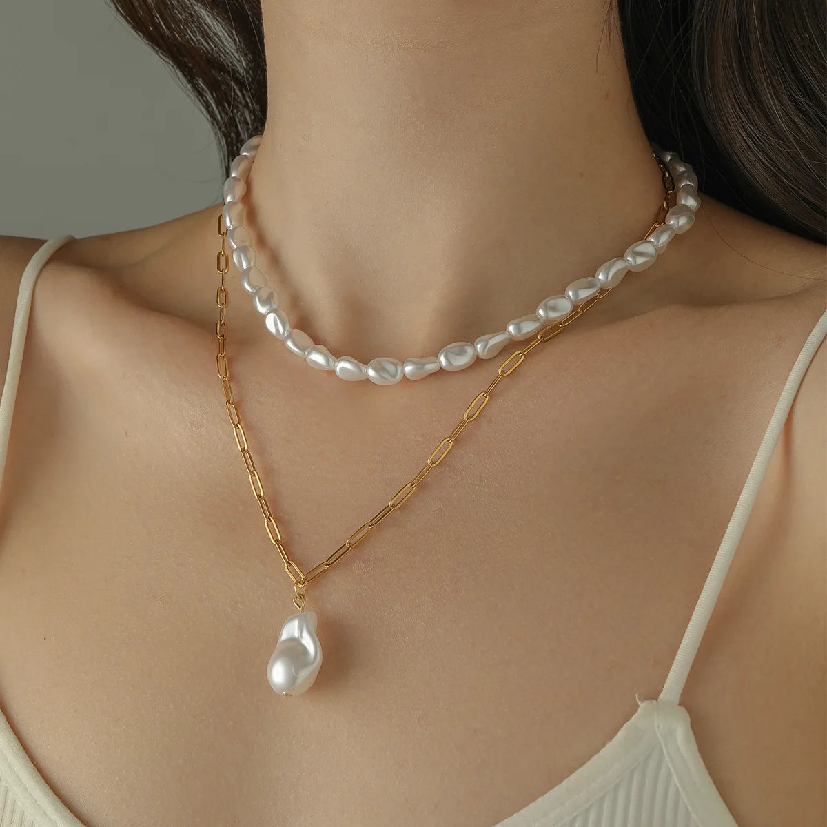 Beimai Simple Baroque Pearl Pendant Necklace for Women OEM Double Clavicle Chain Stainless Steel with Gold Plating Trendy Style