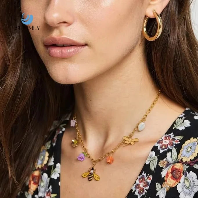 SUMMLY Trend Wholesale Flower Bee Pendant 18K Gold Plated Stainless Steel Necklace Handmade DIY Charm Fashion Jewelry