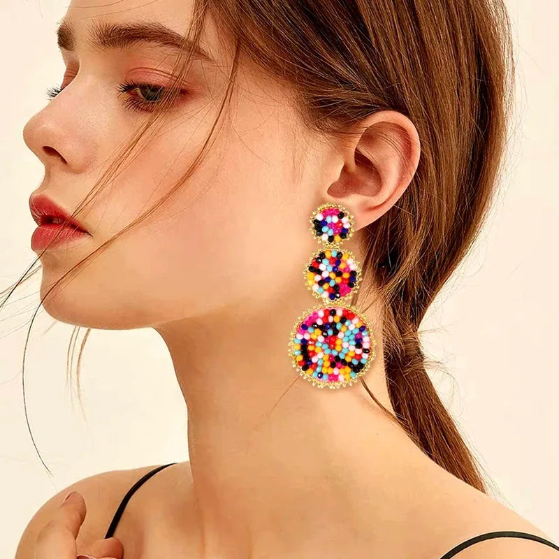 OEM Hand Woven Rice Bead Pendant Circle Earrings Long Fashion Drop Rice Seed Hand Beaded Earrings