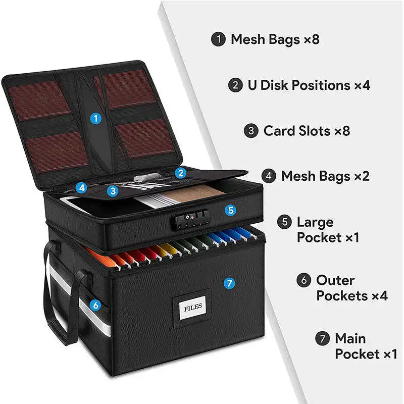 Portable Collapsible Bag 2 Layer Reflective Strip File Organizer Folding File Storage Box Fireproof Document Bag with Lock