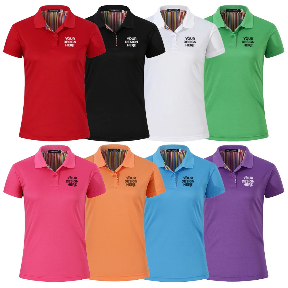 DOVEARK Customized 180g 100%Polyester 26 Yarn Rainbow Back Bead Ground Anti-Wrinkle Knitted Solid Short Sleeve Women Polo Shirt