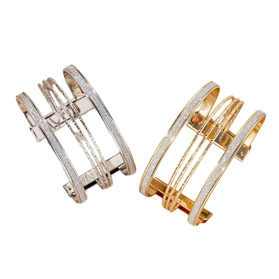 European Women's Trendy Silver/Gold Plated Metal Beaded Glitter Contracted Wide Opening Bracelet for Anniversary Party Wholesale