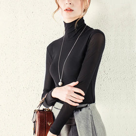 S-4XL High Neck Mesh Bottom Shirt Large T-shirt Long Sleeve Elastic Inner Layup Solid Color Small Shirt