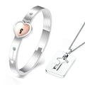 Classic Couple Necklace Bracelet Set  Silver Stainless Steel Love Heart Lock Bangles Key Pendant Necklace Couples Jewelry Set