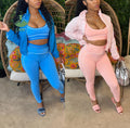 Fashion Outfits 3 Piece Set Off Shoulder Long Sleeve Jacket Sports Bra and Legging 2025 Women's Three Piece Casual Set
