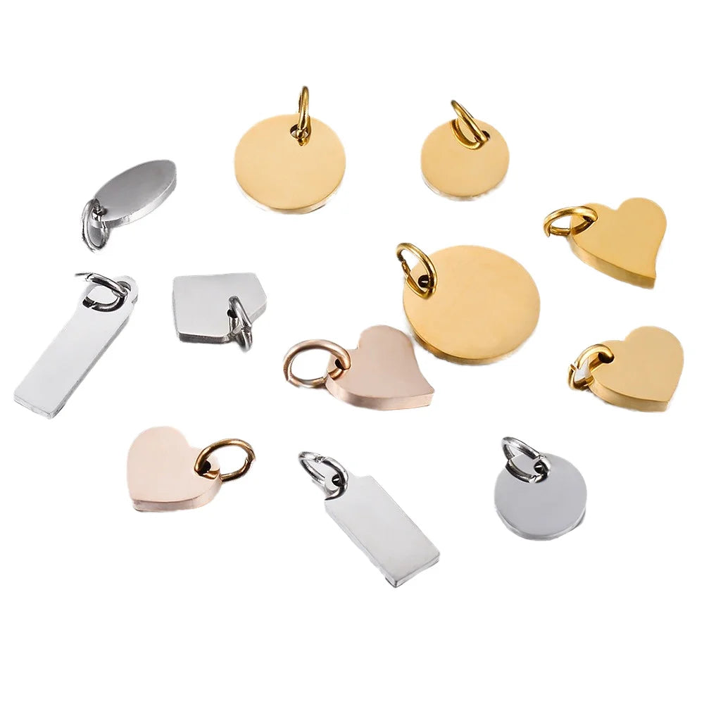 Wholesale Rose Gold Plated Stainless Steel Engravable Logo Pendant Oval Rectangle Heart Charm Children Customizable Brand Trendy
