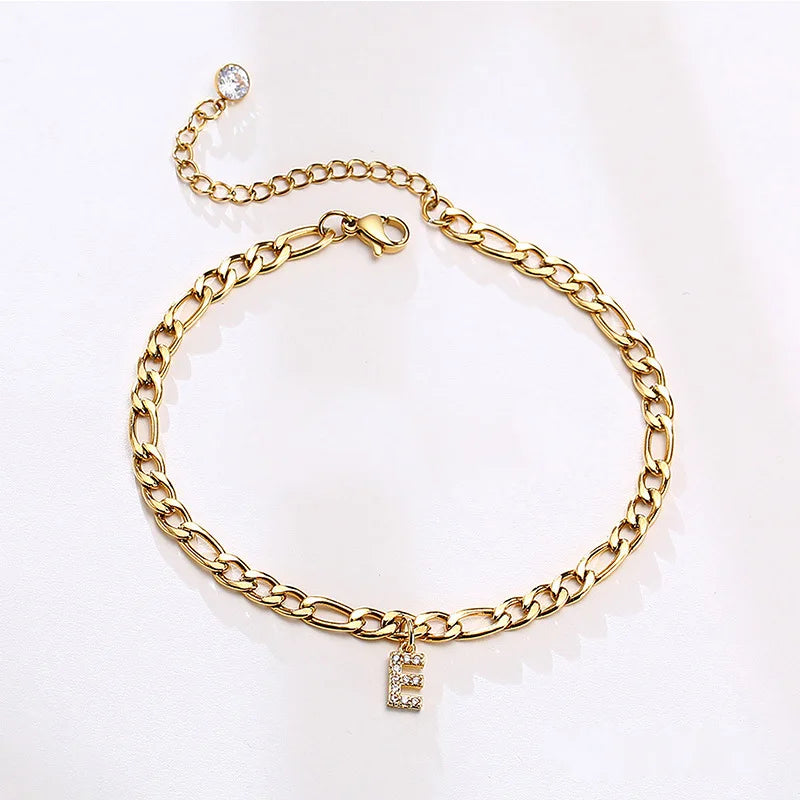 Fenny Jewelry Chunky Permanent 26 Zircon Pave Letters Pendant Anklet Trendy for Summer Holiday Stainless Steel Jewelry Wholesale