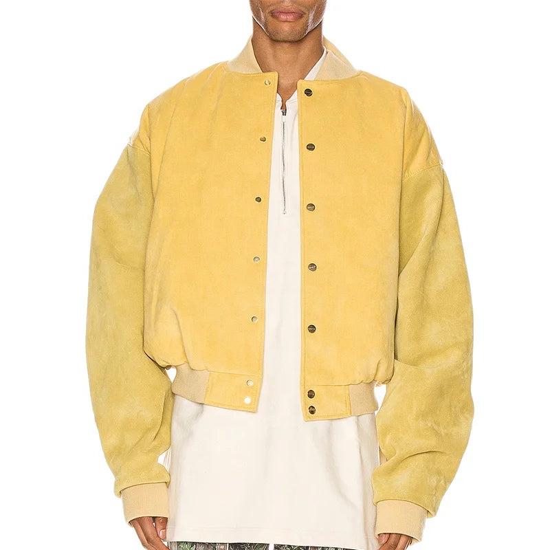 Customized Men's Windbreaker Jacket Yellow Suede Padding Breathable Woven Fabric Long Loose for Autumn & Winter Sports Size XL