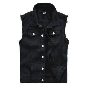 RNSHANGER New Vintage Design Mens Denim Vests Spring Rector Sleeveless Jackets Men Ripped Hole Black Jean Waistcoats