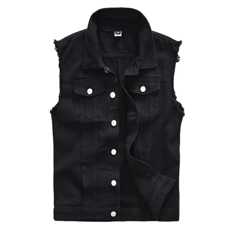 RNSHANGER New Vintage Design Mens Denim Vests Spring Rector Sleeveless Jackets Men Ripped Hole Black Jean Waistcoats