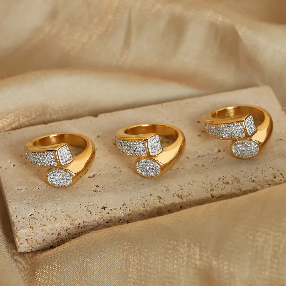 Minimalist Chic Jewelry Diamond Cubic Zirconia Asymmetrical Ring Tarnish Free Stainless Steel Gold Plated Gemstone Finger Ring