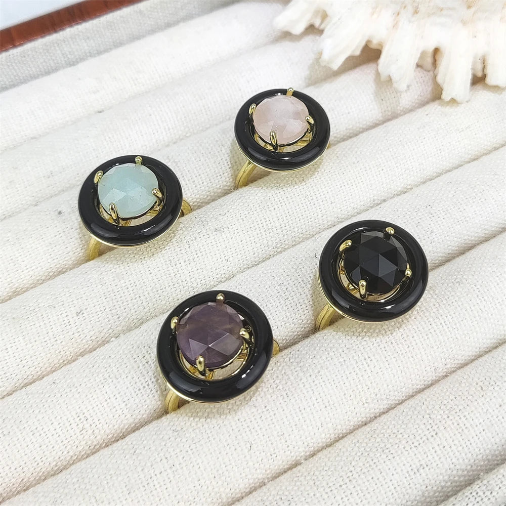 Trendy Jewelry Round Cut Shiny Labradorite Crystal Rings Tiger Eye Sunstone Rose Quartz 18k Gold Ring Resizable Gemstone Rings