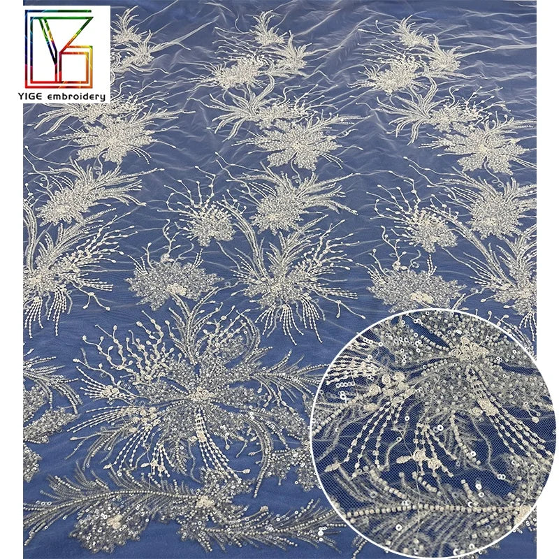 Fashion White Bridal Luxury Net Fabrics With Beads and Sequins Wedding Decoration Net Embroidery Lace Fabric for Wedding Dress