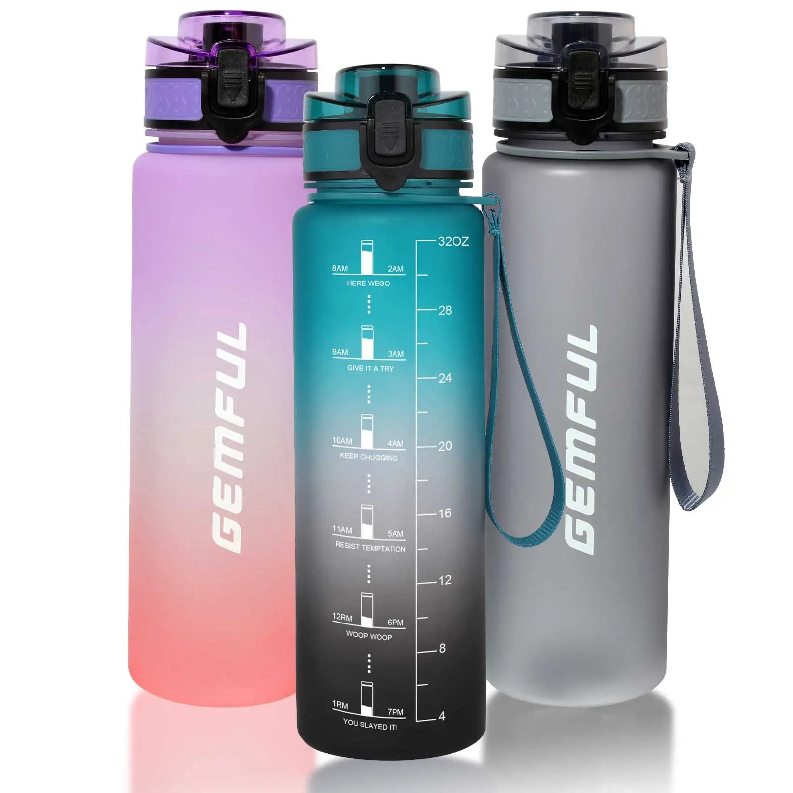 32 oz Water Bottle with Time Marker Motivational Tritan Plastic Drinkware for School Camping Hiking