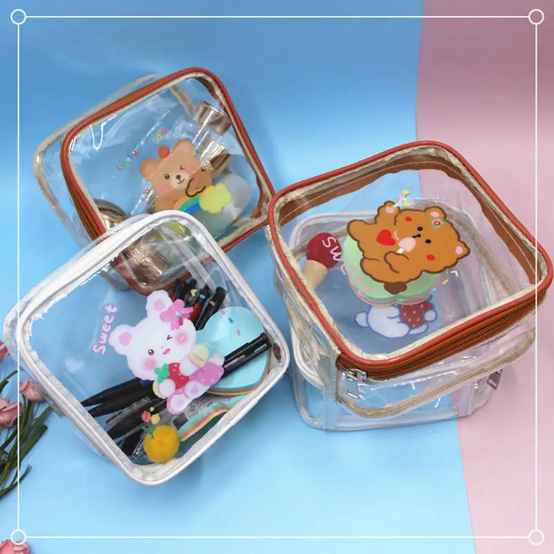 Fashionable Candy Color Transparent PVC Clear Cosmetic Bag with Zipper Cartoon Pattern Promotional Gifts