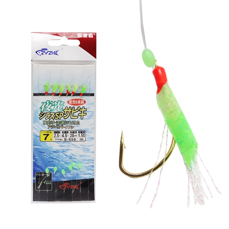 Hot Sale High Carbon Steel Sabiki Fishing Hooks 6 Luminous Skin Single Barbed String Hooks Saltwater Fishing