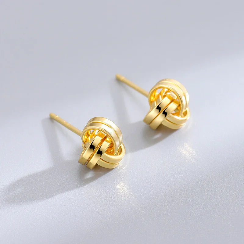 Classic Cute Design 925 Sterling Silver Twine Geometry Gold Plated Stud Earrings S925 Girl Women RE3061