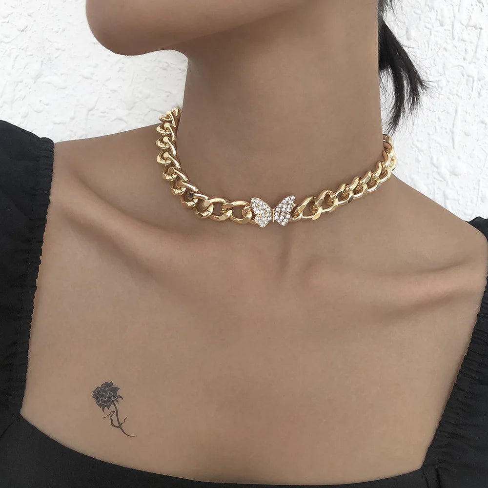 Thick Cubic Zircon Cuban Chain Necklace Women Hiphop Chain Jewelry CZ Diamond Butterfly Choker Necklace