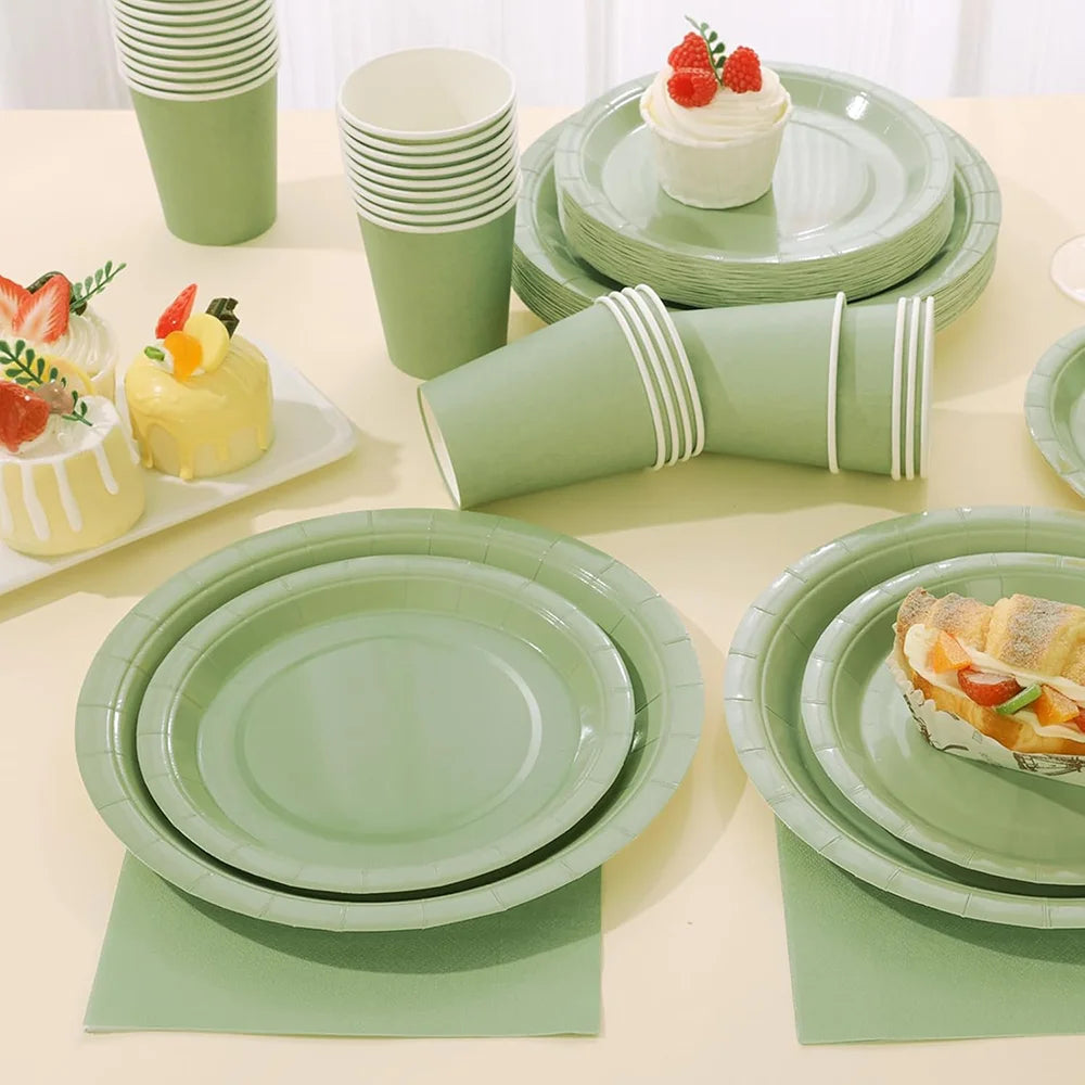 Pure Green Party Tableware Set Green Disposable Plates Party Supplies Disposable Tableware Sets