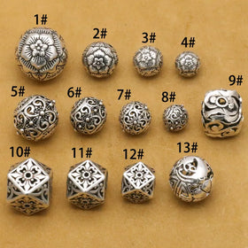 Large Polygon Charm Beads Beads Soild 925 Sterling Silver Engrave Flower Round Charm Beads for Jewelry Making Accessories