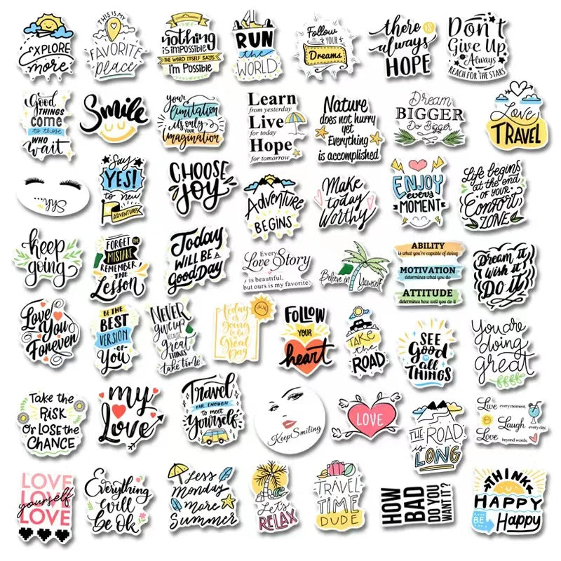 E-50pcs Inspirational English Short Sentences Graffiti Stickers Colorful Text Phrases Mobile Phone Personality Bottle Decoration
