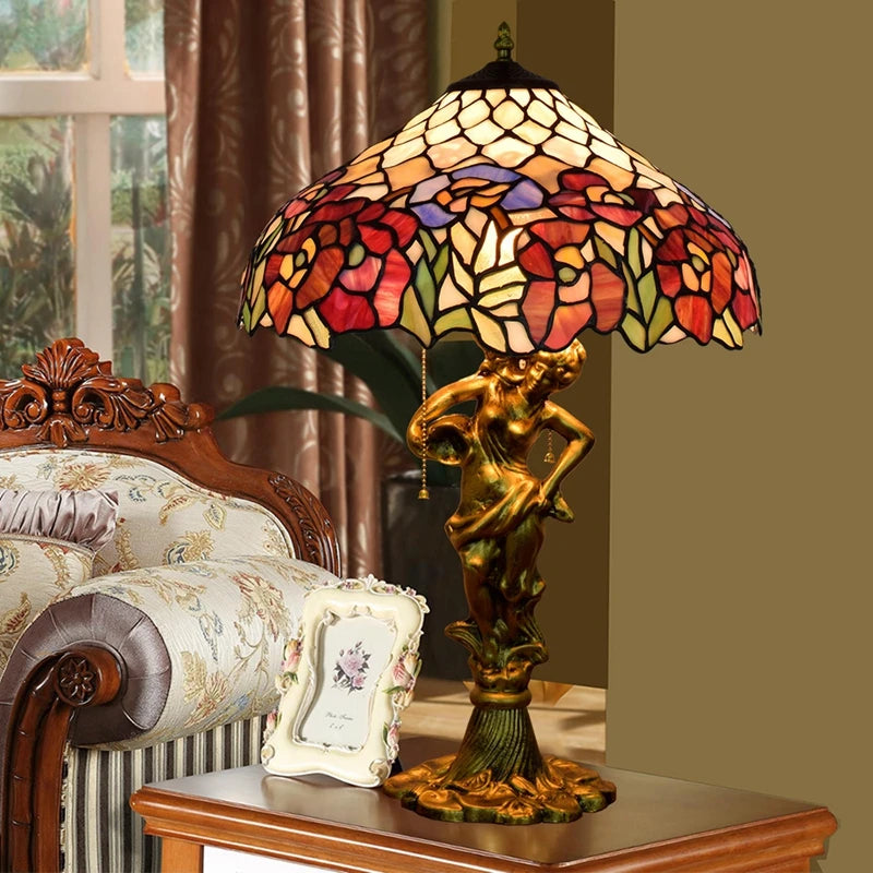 American Rural Luxury Retro Rose Decorative Large Table Lamp Tiffany's Stained Glass Table Lamp for Bedroom Living Room Office